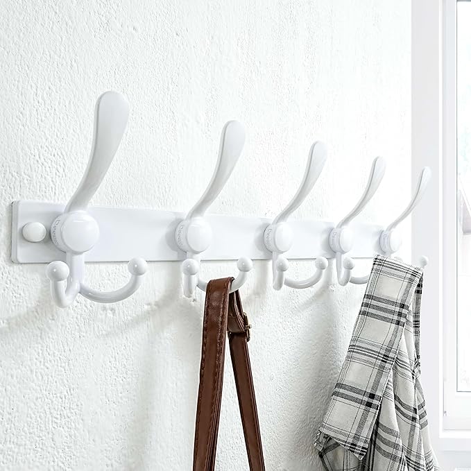 Dseap Coat Rack Wall Mount 2.0 Pro: Heavy Duty 300% Thicker, 16" Stud Mount, Stainless Steel Wall Coat Hooks Hanger for Clothes Jackets Hats Entryway Closet, MaxStrong Series, White