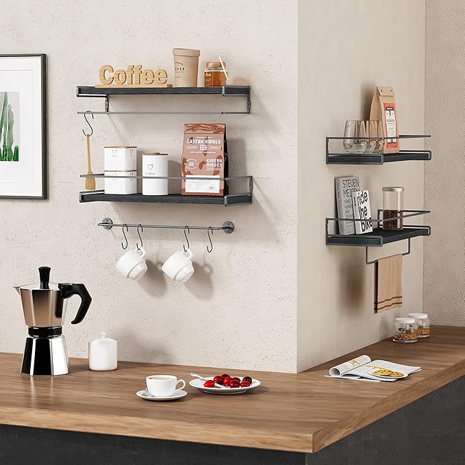 Forbena Black Floating Shelves for Bathroom Wall Set of 2, Kitchen Spice Rack Wall Mount, Modern Wood Hanging Wall Shelves for Bedroom Organizer, Restroom Pantry Closet Storage (Grey-Black)-NeatNest