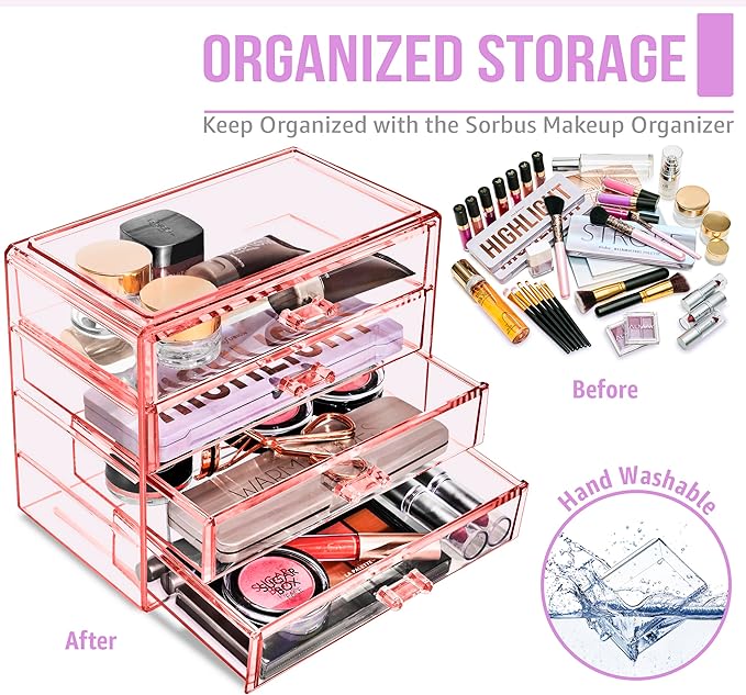 Sorbus Makeup Organizer - 4 Drawer Acrylic Make Up Organizers and Storage for Cosmetics, Jewelry, Beauty Supplies, Clear Makeup Organizer for Vanity, Girl's Room, College Dorm, Counter, Bathroom-Sinks