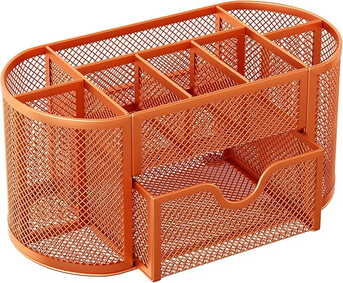 EasyPAG Mesh Desk Organizer, Multi-functional Stationery Organizer for School Supplies, Office Pen Holder for Desk, 9 Compartments Dorm Organization with Drawer, Orange