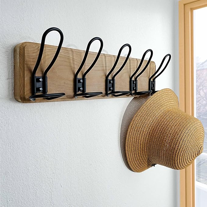 Dseap Coat Rack Wall Mounted - Heavy Duty Farmhouse Rustic Wall Coat Hanger With 5 Wire Hooks for Clothes Hat Jacket Towel, RusticWire, G25A, Weathered Brown & Black-NeatNest