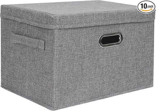DAYARD Foldable Storage Boxes with Lids Linen Fabric Stackable Storage Bins Organizer Containers Baskets Cube with Cover for Closet Office Nursery, Grey (15 x 10 x 10)-NeatNest