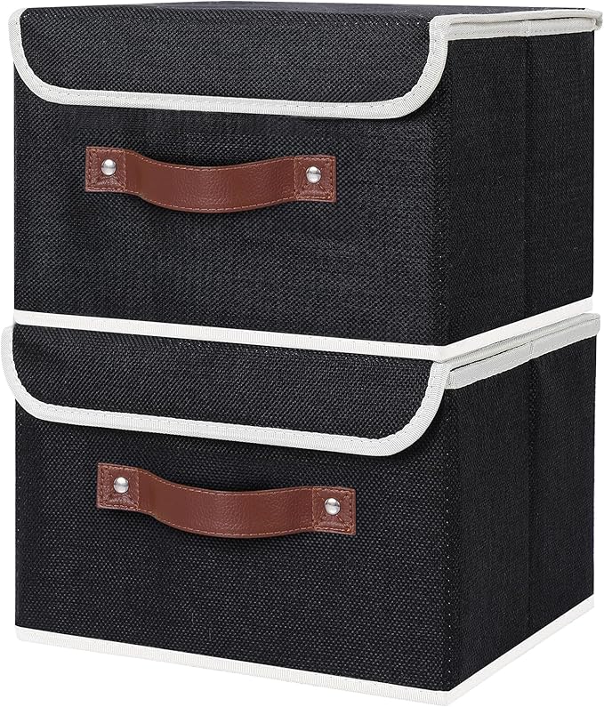 ANMINY 2PCS Storage Bins with Lid PU Leather Handles Storage Boxes PP Plastic Board Decorative Foldable Lidded Cotton Linen Fabric Home Cubes Baskets Closet Organizer Containers - Black, Small Size-NeatNest
