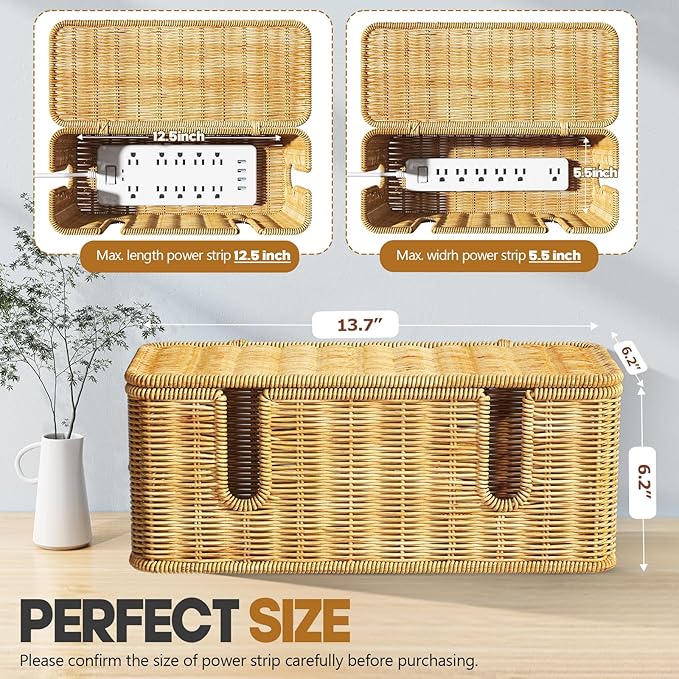 Cable Management Box,2 Open Slots Cord Organizer Hider Box with Lid,2 Pack Handwoven Imitation Rattan Cable Organizer Box for TV Wire Computer Router & Power Strip-B Style(Light Brown)