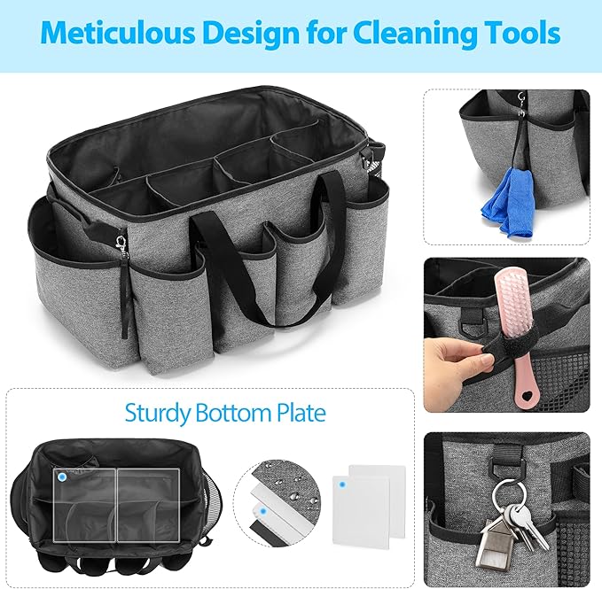 Extra-Large Cleaning Caddy, Organizer with Handles for Cleaning Tools & Products Storage, Large Capacity Tote Bag for Car, Home & Housekeeping Work, Gray