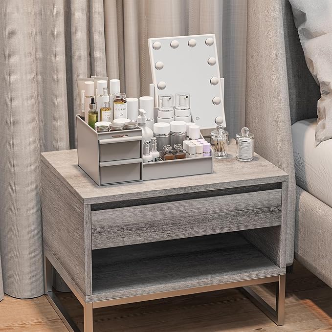 Makeup Organizer Countertop, Vanity Organizer with Drawers for Cosmetics, Skincare, Brushes, Perfume, Skincare Organizer for Vanity, Perfume Organizer for Dresser, Bathroom (Grey&2 Drawers)-NeatNest