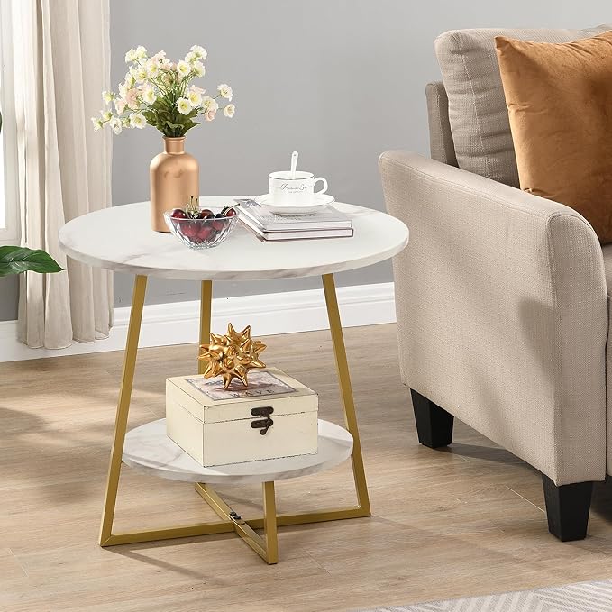 D&H FURNIMMT 20" Living Room Side Table Set of 2 for Small Spaces, 2 Tier Wood Top Round End Tables with Storage Shelf, Accent Sofa Table for Bedroom, Office, Sunroom, Balcony, White Faux Marble/Gold-NeatNest