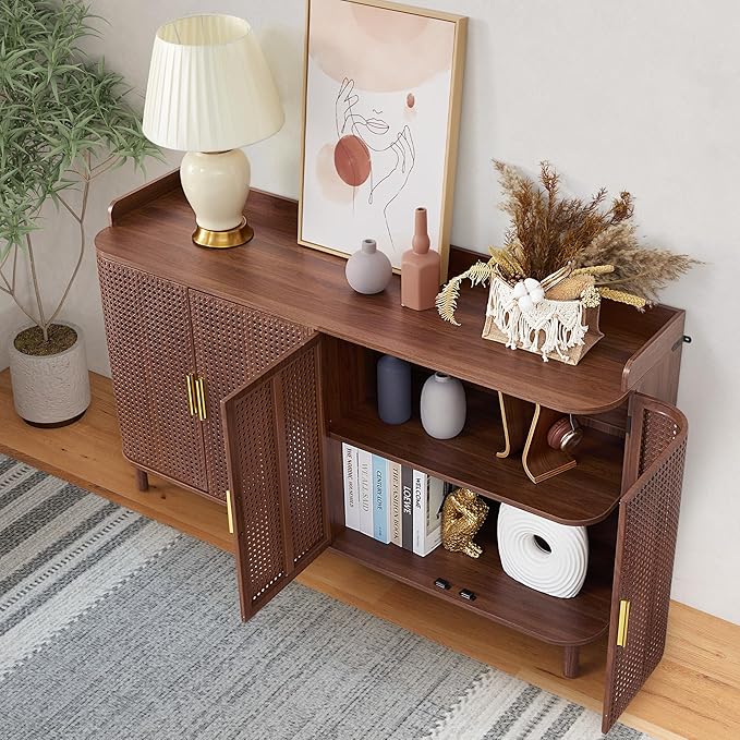 4 Doors Storage Cabinet, 2 Tier Wooden Storage Organizer Cabinet with Adjustable Shelf, Sideboard Buffet Cabinets with Iron Curved Doors Accent Shoe Rack for Entryway Hallway Living Room (Walnut)-NeatNest