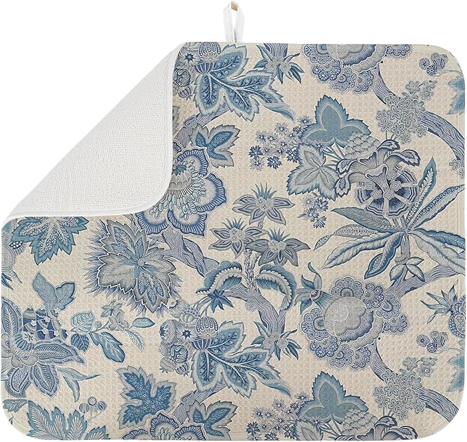 Dish Drying Mat for Kitchen Counter Large 16" x 18" Retro Blue Flower Absorbent Microfiber Dishes Drainer Rack Mats Pad Reusable Washable