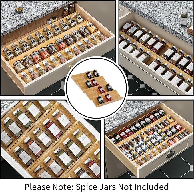 Bamboo Spice Drawer Organizer - 4 Pack 13"x4.7"x1.6" Spice Rack Tray - Spice Jars Drawers Insert - Seasoning Organizer for Drawers/Countertop (Jars not included)…-NeatNest