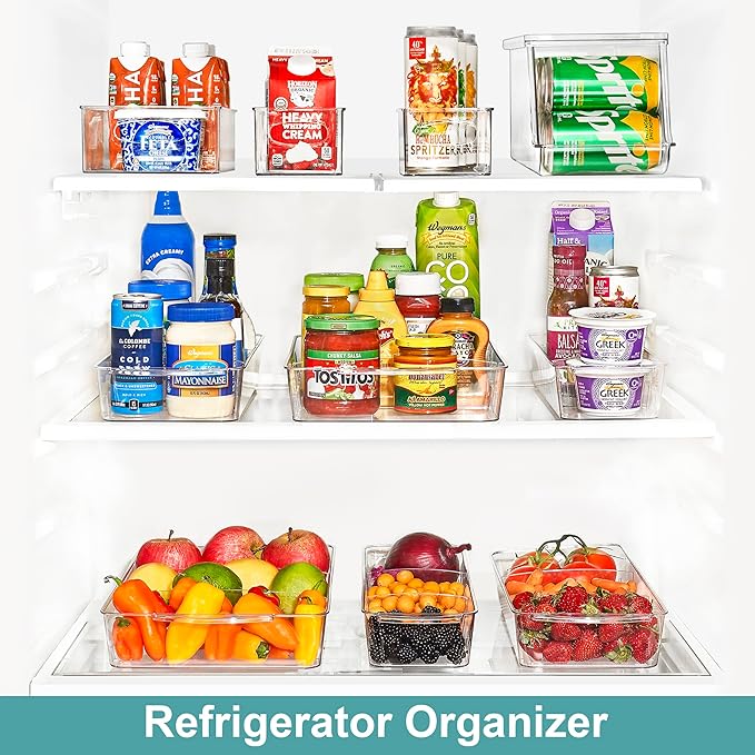 Sorbus Fridge Organizer on Wheels - Rolling Fridge Organizers and Storage Clear Design with Dividers & Handles for Kitchen Organization and Storage (Flat Top, Large - 2 Pack)