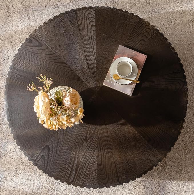 kevinplus 35.4'' Round Coffee Table Wood Modern Coffee Table for Living Room, Easy Assembly, Black Brown