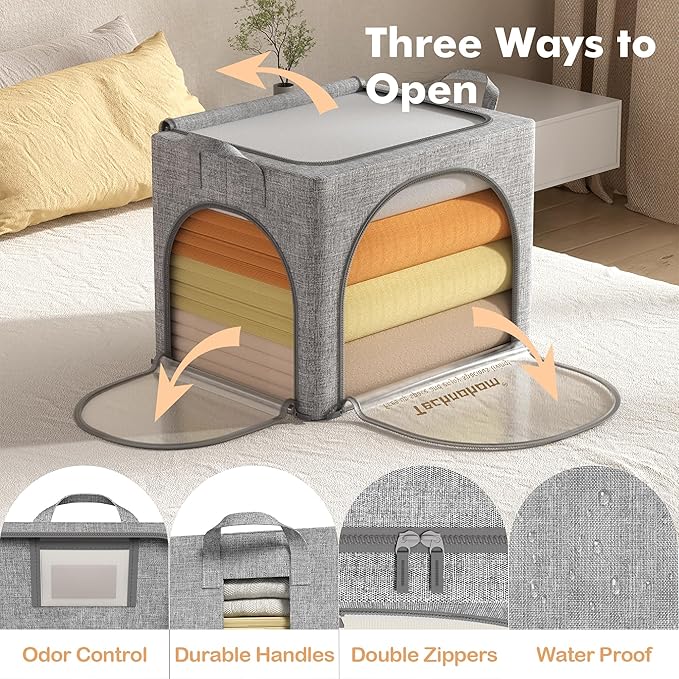 Clothes Storage Bins with Lids, 3 Pack Foldable Fabric Storage Bins with Metal Frame, Linen Closet Organizers and Storage Box With Clear Window and Carrying Handles-NeatNest