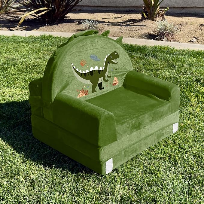 Dinosaur Kids Sofa Bed with Removable Washable Cover & Hook and Loop Backrest – Foldable Toddler Chair, Cozy Crystal Velvet Furniture for Playtime, Naps & Travel (Dark Green, Dino Design)-NeatNest