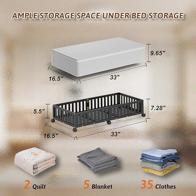 Bamboo Under Bed Storage Containers with Wheels, 1 Pack Large Under the Bed Shoe Storage Bins, Wood Rolling Underbed Drawers Organizer for Bedroom Closet Clothes Blanket Under Crib Toy Black-NeatNest