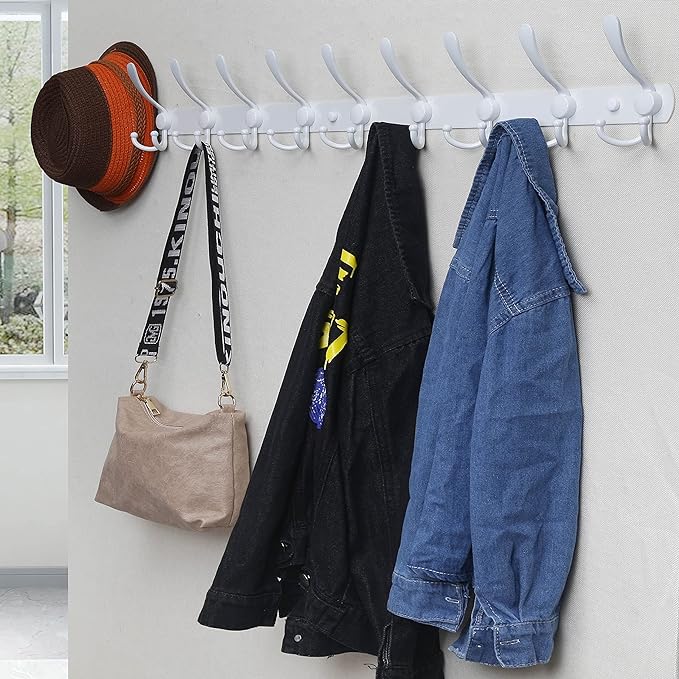 Dseap Coat Rack Wall Mount - 38” Long 10-Tri-Hooks Heavy Duty Coat Hanger Rail Wall Hooks for Hanging Coats Hats Clothing Clothes Purse Mudroom Entryway, White-NeatNest