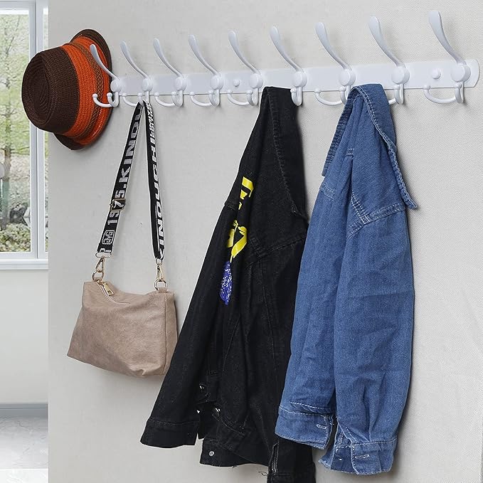 Dseap Coat Rack Wall Mount - 38” Long 10-Tri-Hooks Heavy Duty Coat Hanger Rail Wall Hooks for Hanging Coats Hats Clothing Clothes Purse Mudroom Entryway, White, Pack of 2-NeatNest