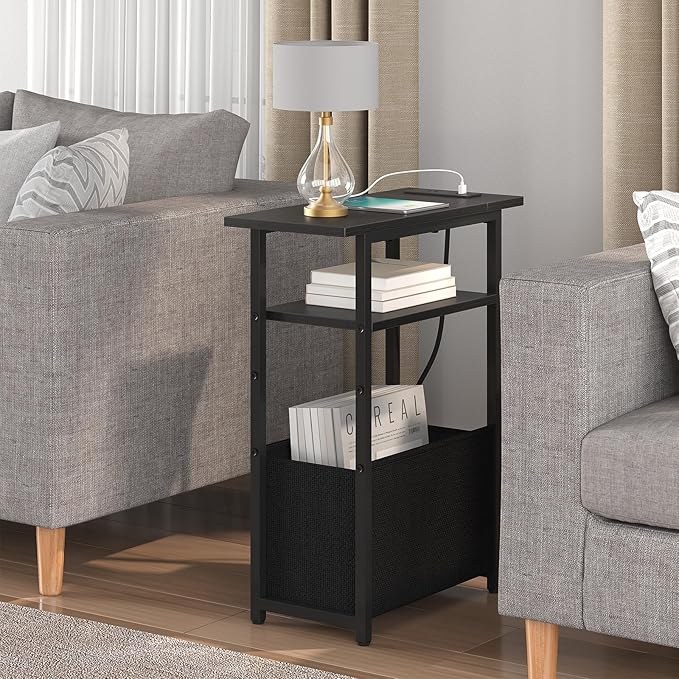 Narrow Side Table with Charging Station Set of 2, Small End Table for Small Spaces, Skinny Nightstands Set 2 with Storage Basket, 3 Tier Sofa Bedside Tables for Living Room,Bedroom, Black