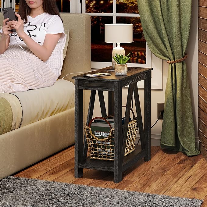 WLIVE End Tables Living Room Set of 2 with Charging Station, Sofa Side Tables with Open Storage Shelf, Slim Farmhouse End Table Sets, Charcoal Black