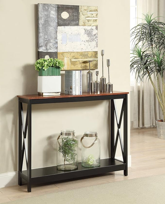 Convenience Concepts Oxford Console Table 39.5" - Farmhouse, Modern Narrow Sofa Display Accent with Storage Shelf for Transitional, Coastal Living Room, Entryway, or Hallway, Black/Cherry-NeatNest