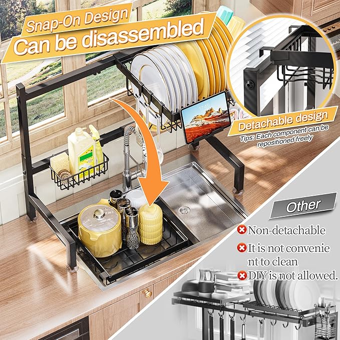 ADBIU Over The Sink Dish Drying Rack (Expandable Height and Length,22.6" - 35.5" L) Snap-On Design 2 Tier Large Dish Rack
