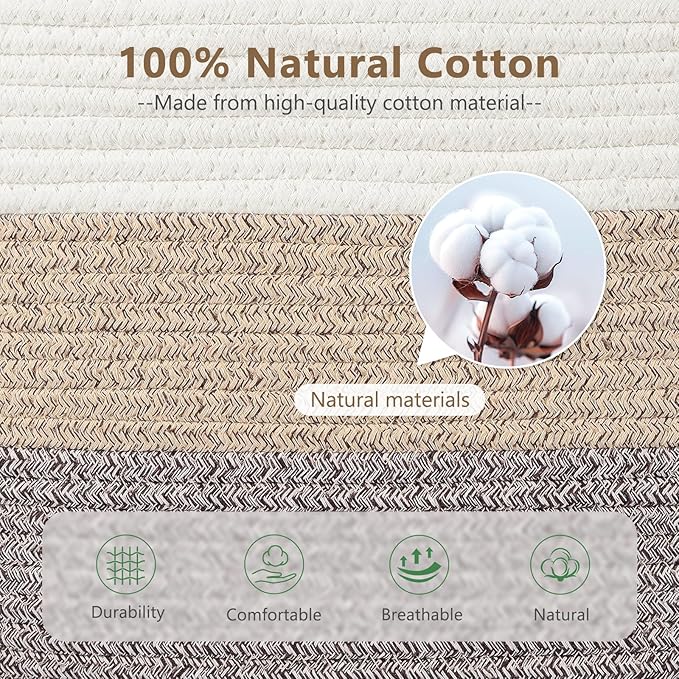 Cotton Rope Storage Basket, 15x10x9 Inches, Woven Basket for Shelves, Clothes, Toys, Towels, Books, and Laundry, Durable and Stylish, White Brown (3 Pack)-NeatNest