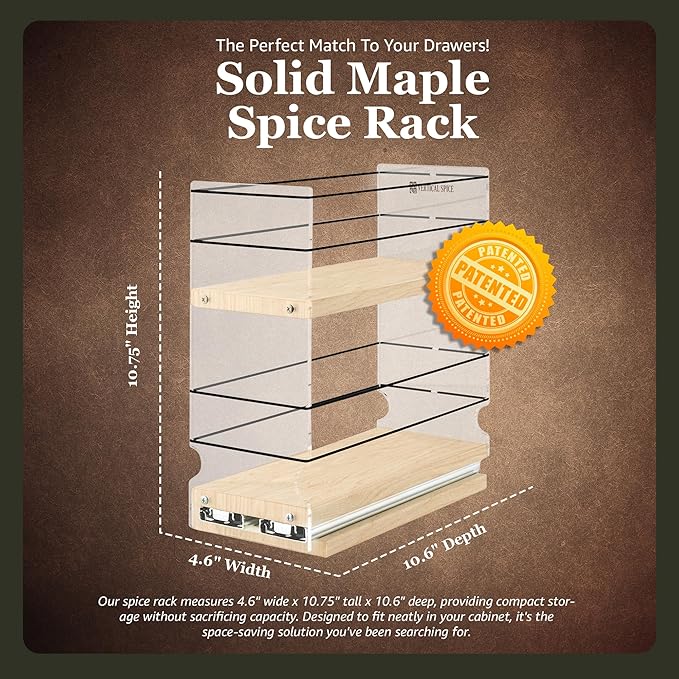 Vertical Spice Solid Maple Storage Rack Drawer - Sliding Spice Rack - Pantry Organizers and Storage - Kitchen Cabinet Organizer - Made in USA -1 Drawer, 2 Tiers (4.6" W x 10.75" H x 10.6" D)