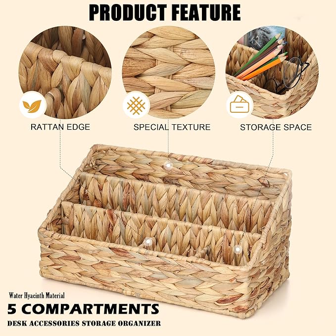 Desk Organizer – Countertop Mail Organizer, Magazine Holder, Boho Decor Water Hyacinth Desk Mail Holder for Home Office, Farmhouse, 12.6" L x 6.7" W x 6.3" H-NeatNest