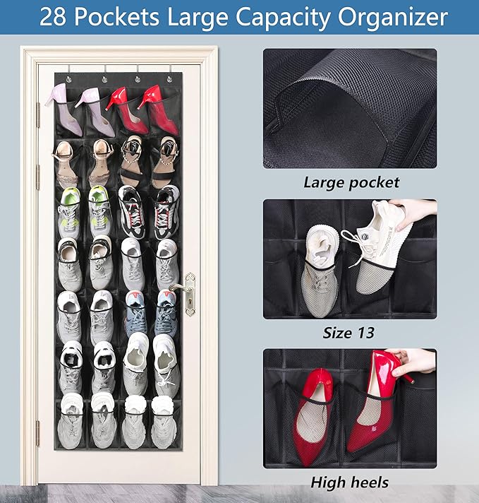 MISSLO 28 Large Pockets Hanging Shoe Organizer Over The Door Shoe Rack for Closet Door Storage Mesh Shoe Holder Hanger for Men, Black-NeatNest