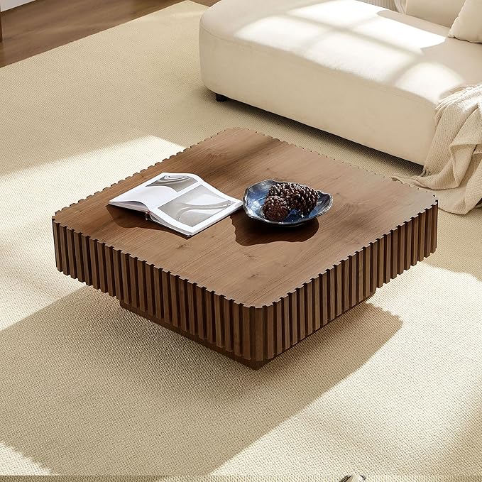 35.43" Square Fluted Drum Coffee Table, Handcrafted Accent Table Modern Contemporary Pedestal Coffee Table for Living Room Small Space - Walnut