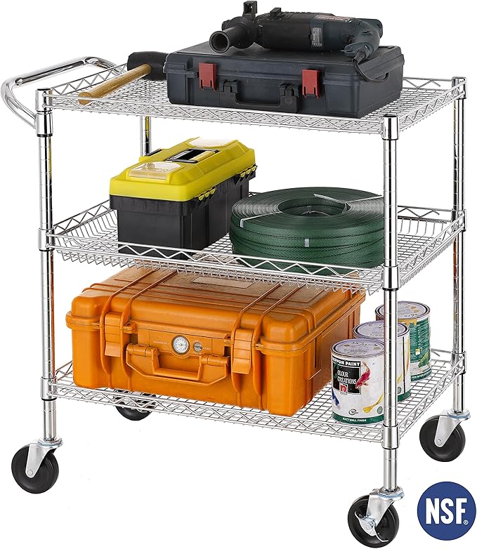 Finnhomy 3 Tier Heavy Duty Commercial Grade Utility Cart, Wire Rolling Cart with Handle Bar, Steel Service Cart with Wheels, Utility Shelf Plant Display Shelf Food Storage Trolley, NSF Listed