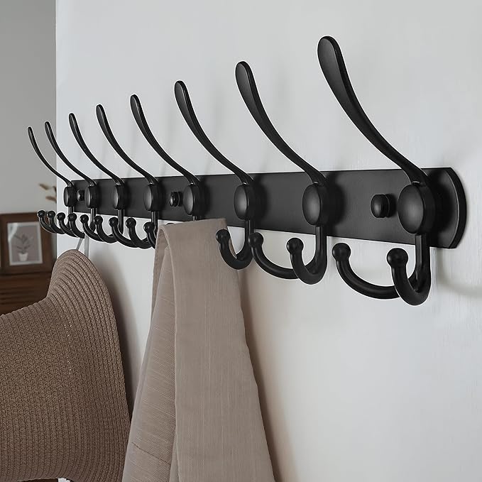 Dseap Coat Rack Wall Mount - 29.5” Long 8-Tri-Hooks Heavy Duty Coat Hanger Rail Wall Hooks for Hanging Coats Hats Clothing Clothes Purse Mudroom Entryway, Black-NeatNest