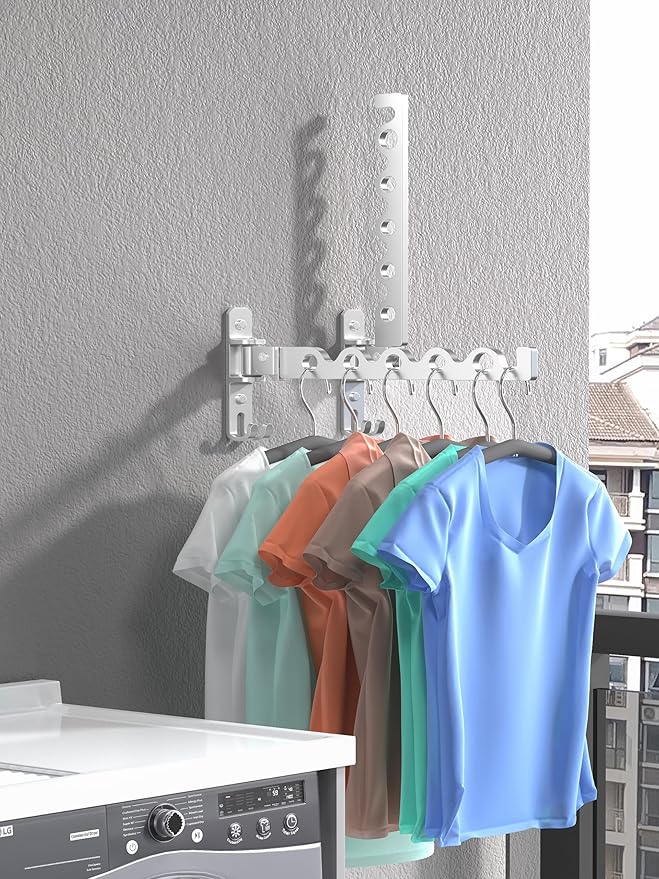 Dr.DJ Wall Hanger for Clothes, Coat Hanger Wall Mounted Silver Retractable Clothes Drying Organizer Rack Garment Hooks Aluminium Folding Indoor Space Save (2 Racks) Silver-NeatNest