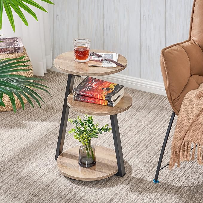 BEWISHOME Round End Table Side Table with Metal Frame, Accent Table Nightstand Bedside Table with 3-Tier Shelves, Small Couch Coffee Table for Living Room Bedroom Greige KTZ41G-NeatNest