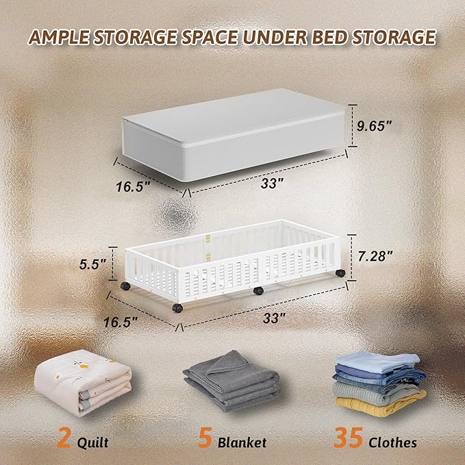 Bamboo Under Bed Storage Containers with Wheels, 2 Pack Large Under the Bed Shoe Storage Bins, Wood Rolling Underbed Drawers Organizer for Bedroom Closet Clothes Blanket Under Crib Toy White-NeatNest