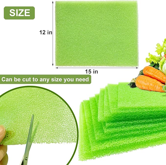12-Pack Vegetable and Fruit Life Extender Fridge Shelf Sponge Liner, 12"x15" Cuttable, Washable, & Reusable Refrigerator Mat, Ventilation to Keep Produce Fresh Longer Prevents Spoilage