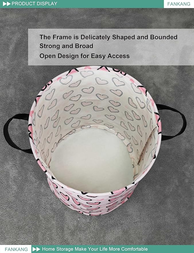 FANKANG Storage Basket, Nursery Hamper Canvas Laundry Basket Foldable with Waterproof PE Coating Large Storage Baskets for Kids Boys and Girls, Office, Bedroom, Clothes,Toys(Pink Love)