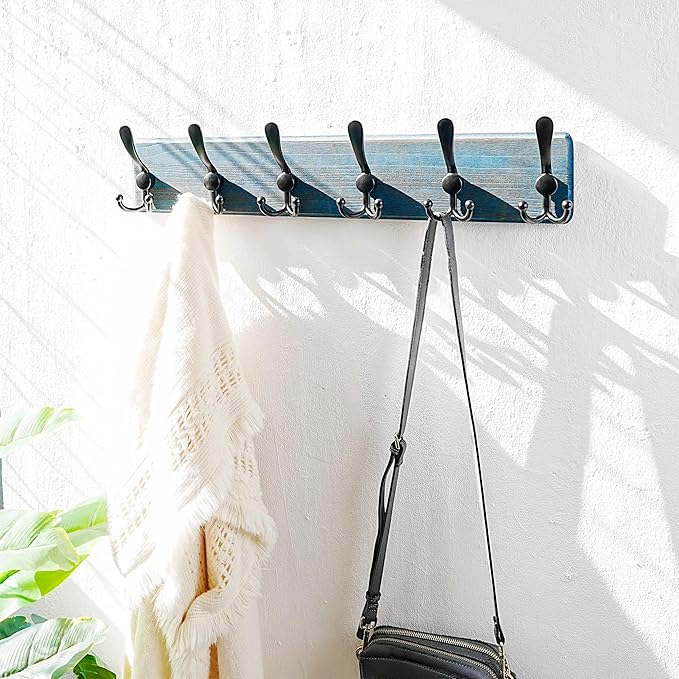Dseap Coat Rack Wall Mounted - 24" Long 6 Tri Hooks, Heavy Duty Wooden Wall Coat Hanger Coat Hook for Clothes Hat Jacket Clothing, Weathered Blue and Black, Pack of 2