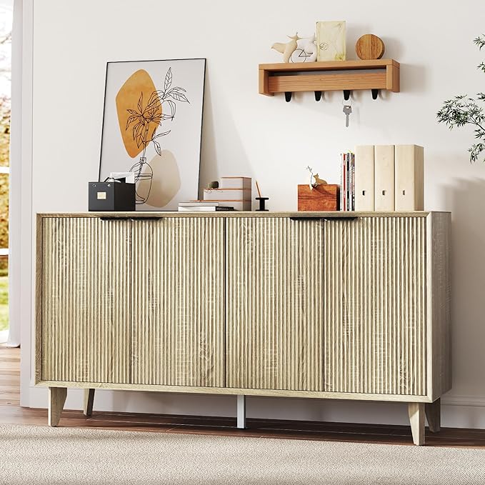 Fluted Cabinet with Storage, Buffet Sideborad with 4 Doors, Kitchen Buffet Storage Accent Cabinet with Adjustable Shelves for Living Room, Entry, Hallway, Natural