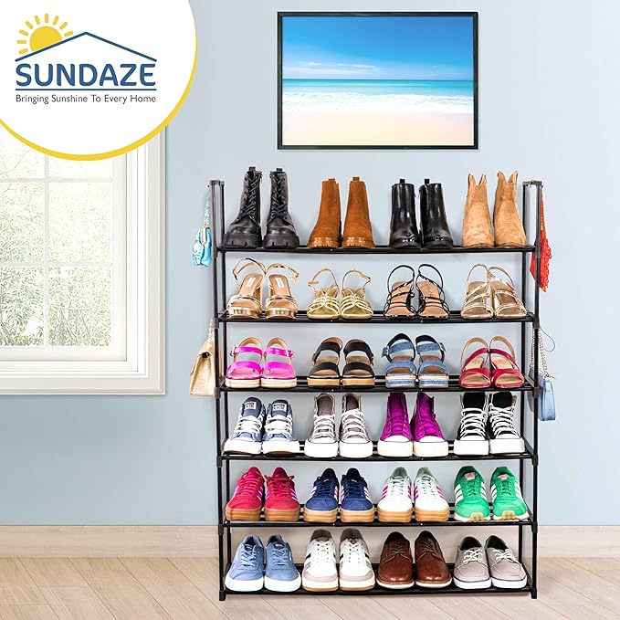 Sundaze Shoe Rack - 6 Tier Metal Shoe Rack for Front Door Entrance, Sturdy Tall Shoe Organizer for Closet, Bedroom, Entryway, Garage, Black Metal Shoe Shelf, Holds Up to 30 Pairs-NeatNest