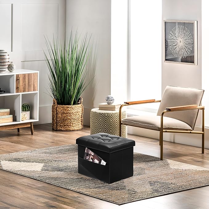 AmasSmile Storage Ottoman Folding Foot Rest Stool with Side Pocket, 16 inch Leather Footstool Bench, Short Ottoman Bench, Storage Foot Rest Store, Books, Black-NeatNest