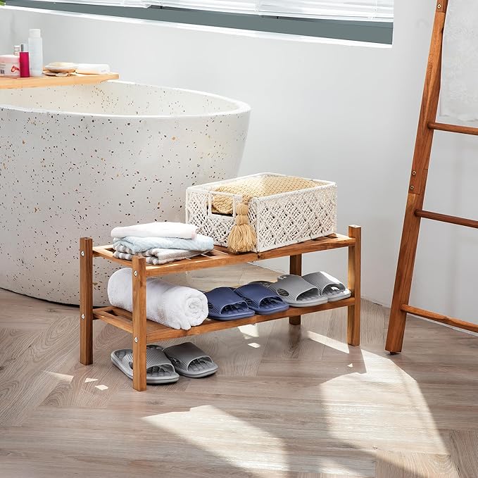 Natural Acacia Wood 2-Tier Folding Shoe Rack – Space-Saving Wooden Shoe Organizer Shelf for Entryway, Hallway, Mudroom, or Closet – Compact Indoor Storage for Footwear & More-NeatNest