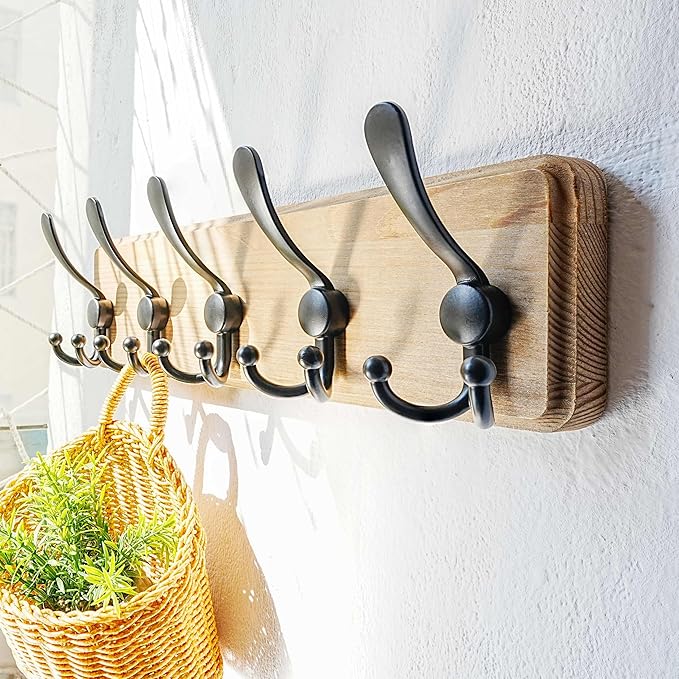 Dseap Coat Rack Wall Mount - Heavy-Duty Robust Barnwood-Style Wooden Wall Coat Hanger Hook Rail with 5 Triple Hooks for Winter Coats Hat Jacket Clothing, Weathered Brown & Black