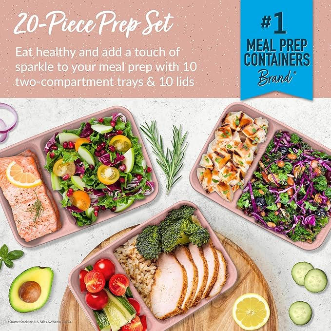 Bentgo 20-Piece Glitter Lightweight, Durable, Reusable BPA-Free 2-Compartment Containers - Microwave, Freezer, Dishwasher Safe (Glitter Garden Edition - Sweet Pea Glitter)-NeatNest