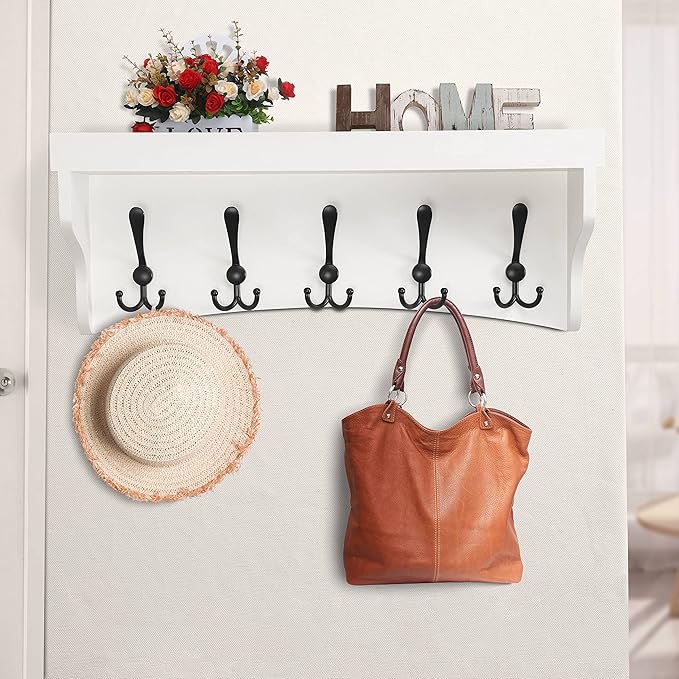Dseap Coat Rack Wall Mounted With 5 Tri Hooks 24-Inch Heavy Duty Wood Entryway Shelf, Coat Hanger, White & Black