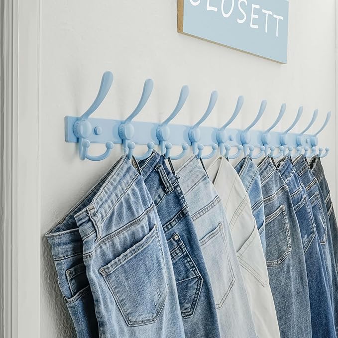 Dseap MaxStrong 2.0 Coat Rack Wall - 37” Long 10 Tri Hooks - Ultra Heavy-Duty Stainless Steel Wall Mount Coat Hanger, Hook Rail for Clothes Hats Jacket Towels Blue, Pack of 2