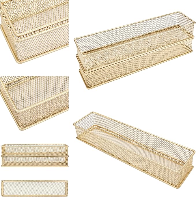Annova Mesh Stackable Drawer Cabinet and Shelf Organizer Bins Storage Basket School Office Supply Holder Tray- Set of 2 (Gold, 3x12x2 Inch)-NeatNest