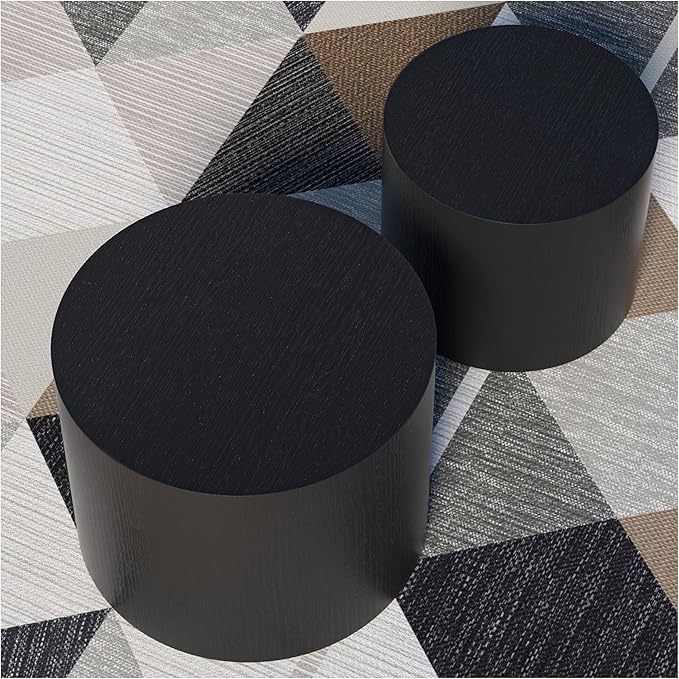 2-Piece Round Nesting Coffee Table, Circle End Table Wood Accent Table, Minimalist Side Table Set for Small Spaces, Living Room, Apartment(Black)