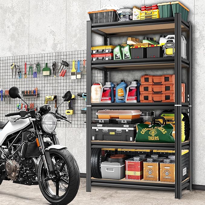 5 Tier Garage Shelving Wood Storage Shelves 2000 lb Load Capacity Adjustabl Shelving Units 57.4" H*29.5" W*11.8" D Metal Shelf Suitable for Basement Warehouse Pantry,Black