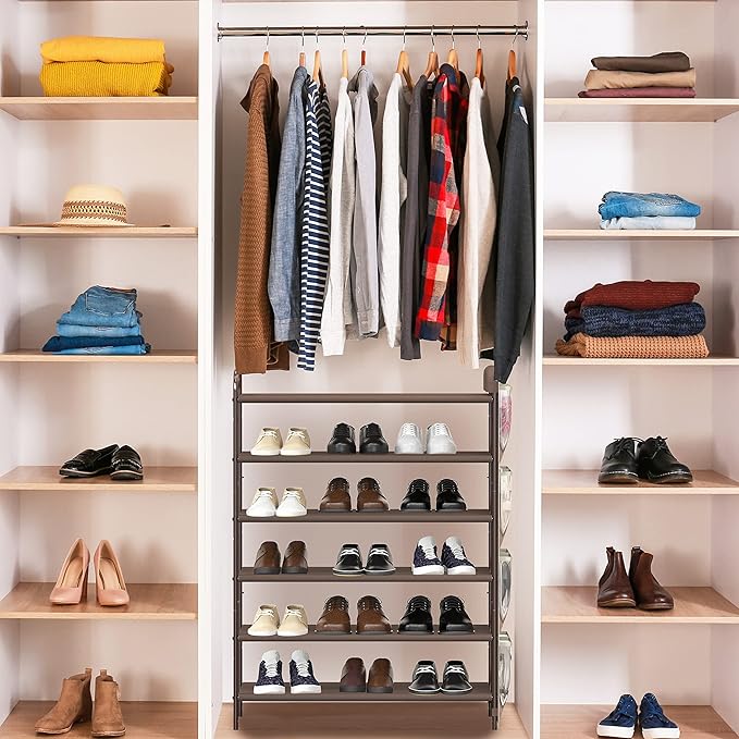 Simple Houseware 6-Tier Shoe Rack Storage Organizer w/Side Hanging Bag, Bronze-NeatNest